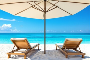 Fototapeta premium Wooden sun loungers under a large umbrella on a white sandy beach with turquoise ocean and blue sky in the background. Vacation and relaxation concept. Ai generative