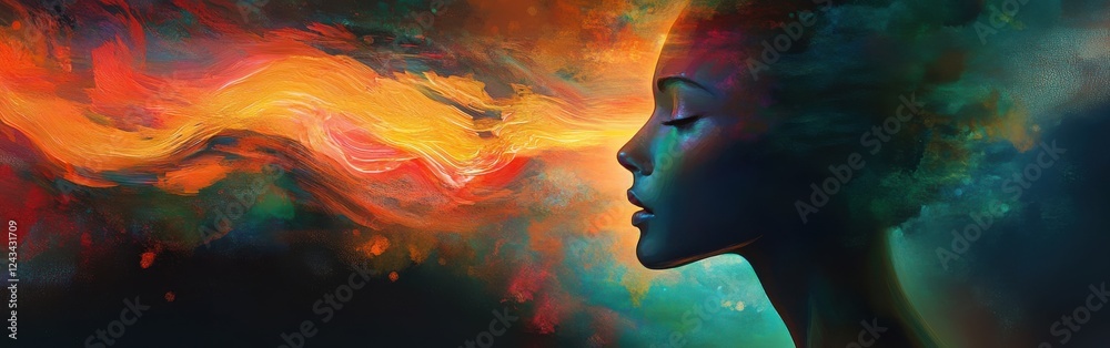 Poster surreal representation of a glowing woman with colorful wisps emerging from her head at twilight in 