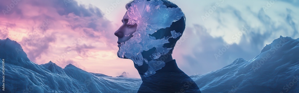 Poster surreal portrait of a glowing man with an icy landscape merging into his profile at twilight