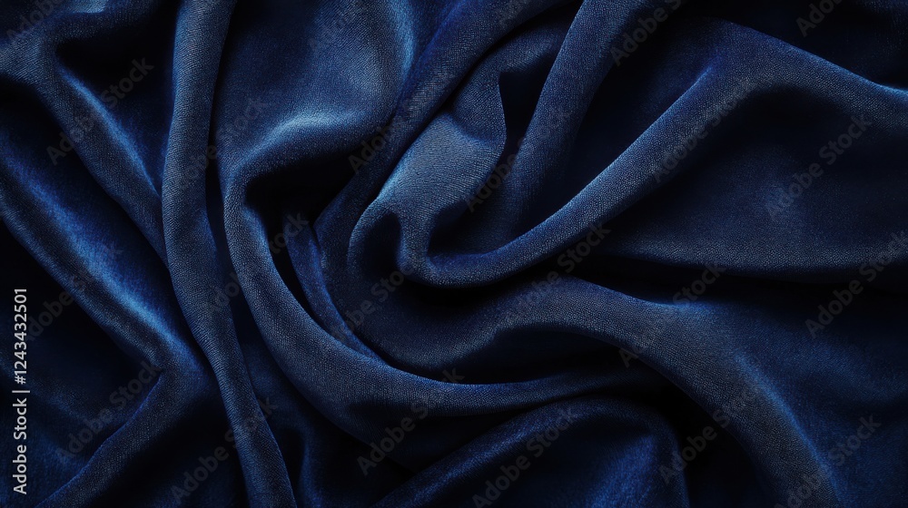Poster solid deep navy blue fabric with smooth texture displays elegant folds and intricate detail in a cla