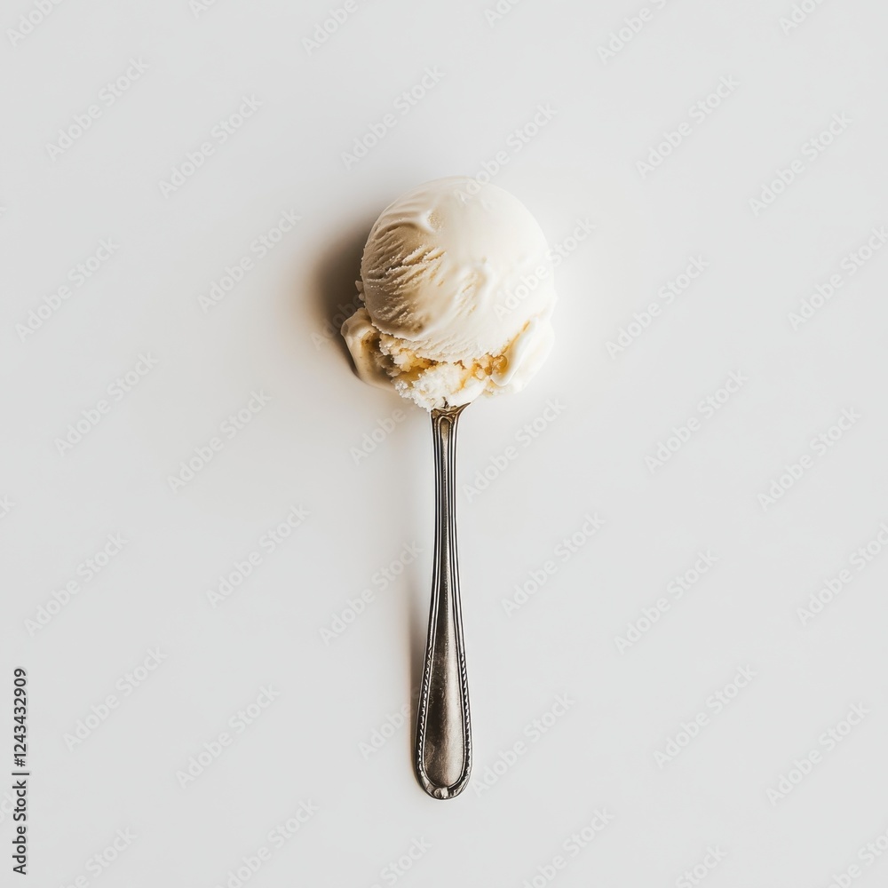 Poster delightful scoop of vanilla ice cream served on a silver spoon against a minimalistic background