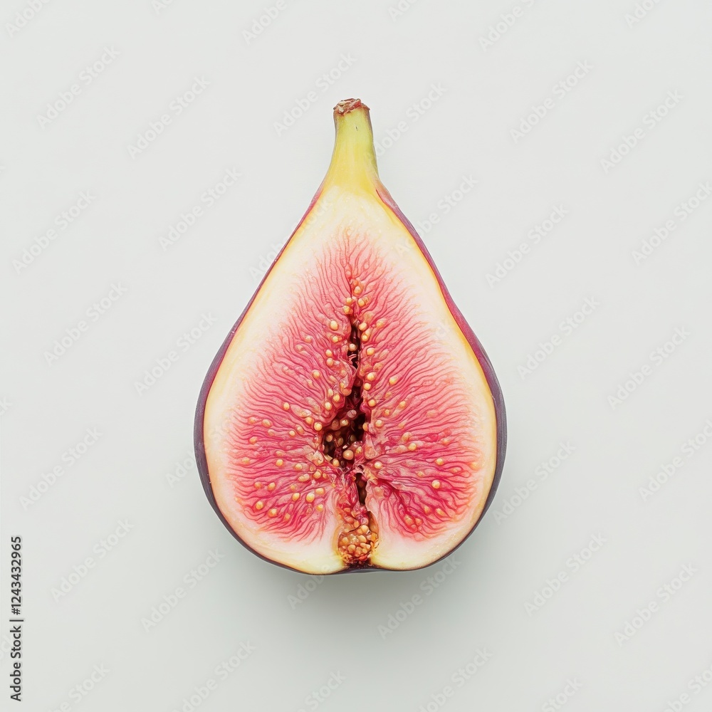 Poster cut ripe fig showing vibrant pink flesh and tiny seeds against a light background in a minimalist se