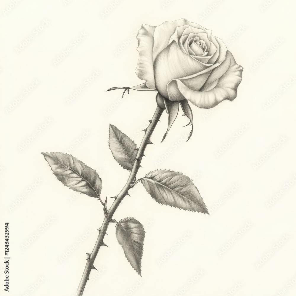 Poster single rose with a long stem and thorns displayed against a light background for artistic interpreta
