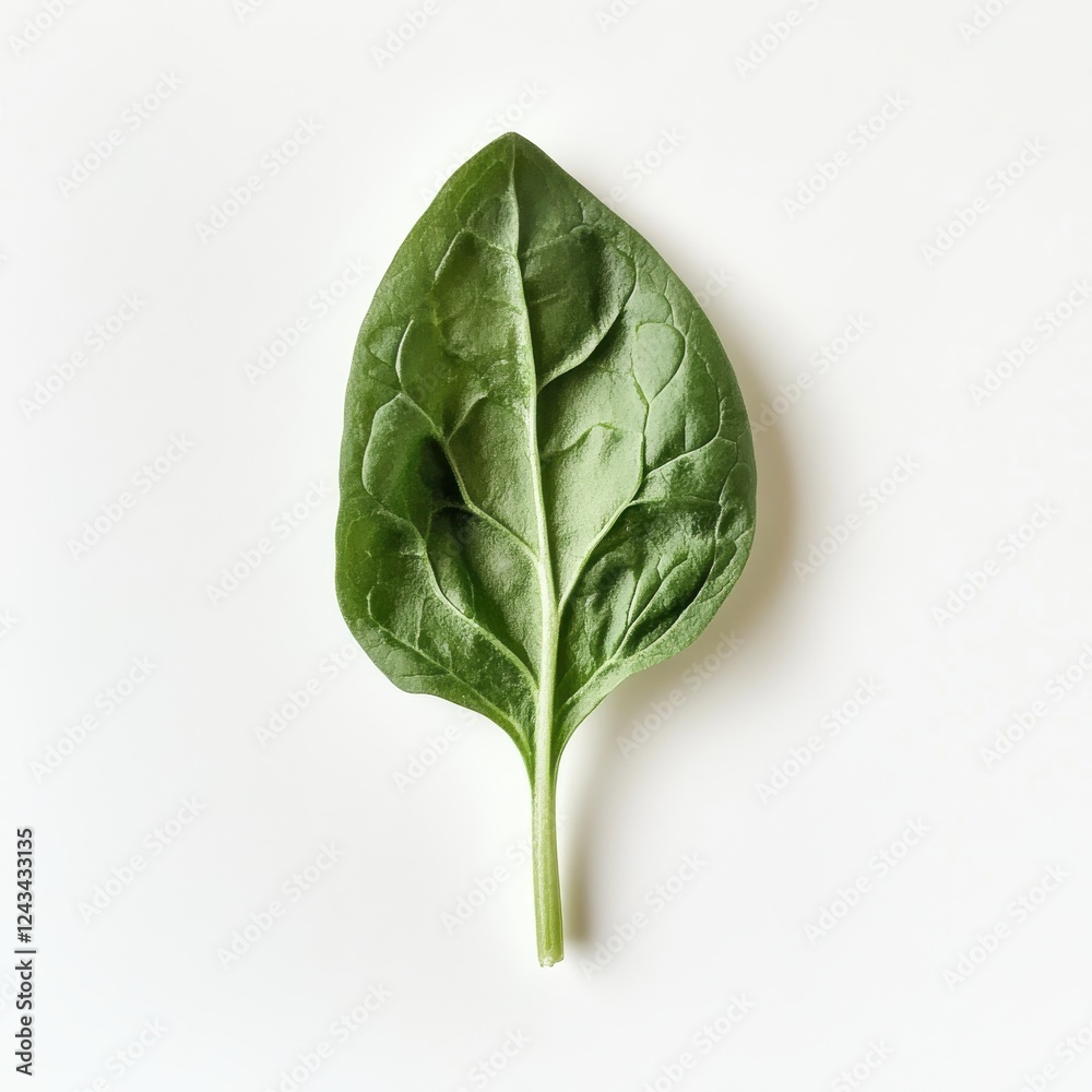 Poster Fresh spinach leaf showcasing vibrant green color and soft texture on a plain background