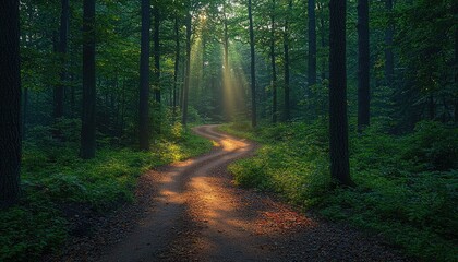 Naklejka premium Sunlit Forest Path Winding Through Lush Green Trees