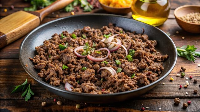 Close-up shot of tender ground beef cooked in a mixture of olive oil, onions, and spices, sizzling on the stovetop, with a sprinkle of cumin and oregano nearby , ground beef, oregano