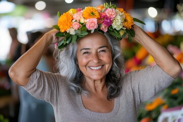 A senior woman exudes joy and vitality while wearing a colorful floral crown, surrounded by an array of flowers in a bustling market environment.