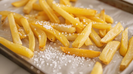 Crispy Golden French Fries on Baking Tray with Sea Salt Sprinkled for Delicious Snack or Side Dish