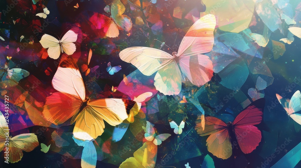 Poster exploring the vibrant world of colorful butterflies in a dazzling double exposure artwork