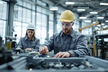 Workers in protective gear assembling electronics in a factory, industrial setting with blurred background. Concept of manufacturing and technology. Ai generative