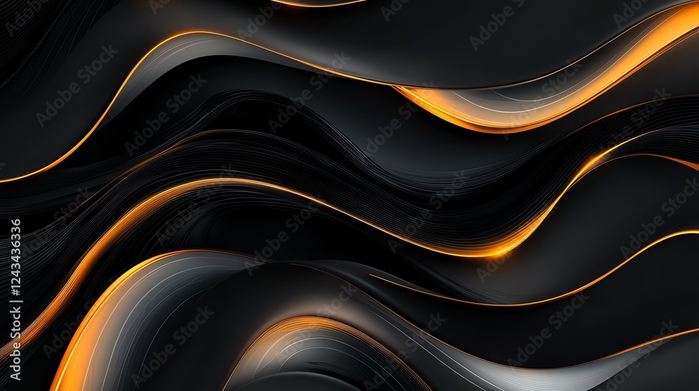 Poster an abstract design featuring smooth waves of black and orange. the flowing lines create a dynamic co
