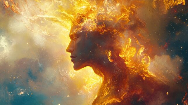 Mystical profile of a man filled with flames and ethereal elements during a cosmic transformation