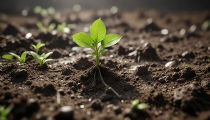 Fototapeta premium Tiny green sprout growing in the moist surface of garden soil , moisture-soaked soil, outdoor gardening