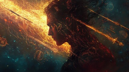 Mystical profile of a man filled with ethereal energy and cosmic elements representing strength and transformation