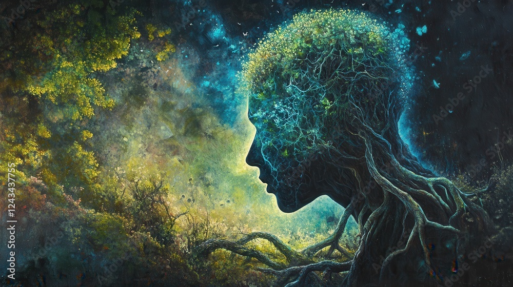 Poster mystical depiction of a man's profile intertwined with nature in a vibrant, enchanting forest settin