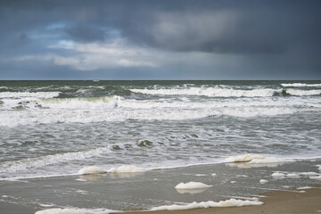 Stormy Sea with Dark Clouds and Crashing Waves, De Koog, Texel, Netherlands