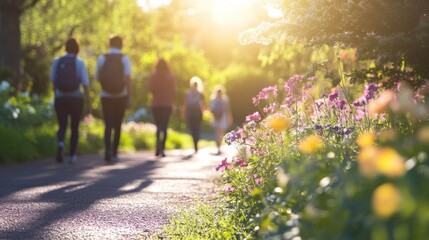 Obraz premium Mindfulness group engaged in slow meditative walking through a serene garden during sunset