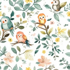Whimsical doodle cartoon drawings featuring colorful birds perched among delicate floral patterns