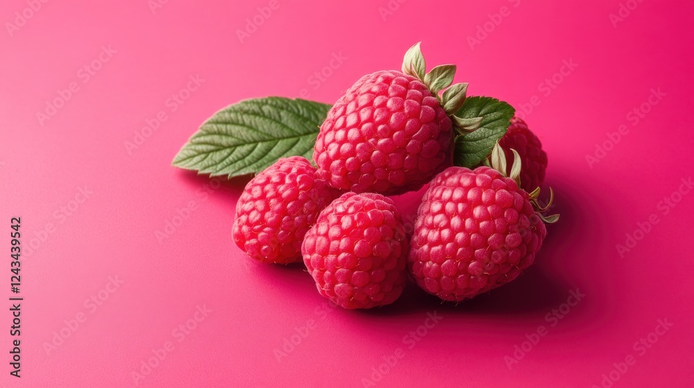 Poster Freshly picked raspberries placed on a vibrant raspberry red background creating an eye-catching display of color and texture