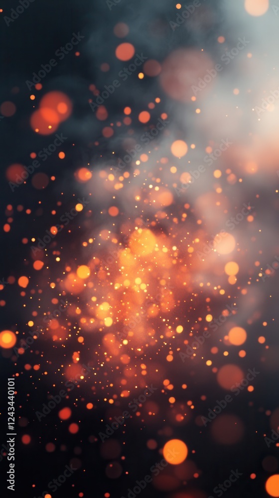 Poster dynamic bokeh effect with bright crimson and orange lights creating an ethereal atmosphere in an abs