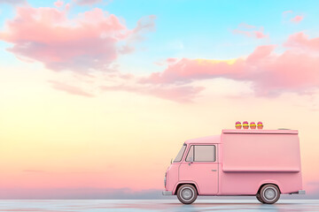 Fototapeta premium Pink Food Truck Serves Cupcakes at Sunset