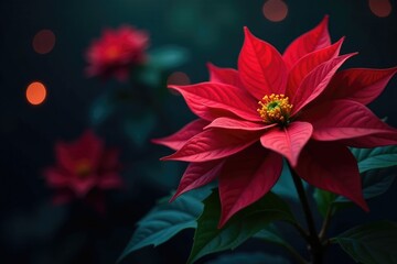 Colorful poinsettia bloom shines bright in the dark, floral, festive