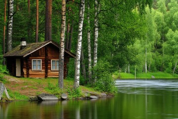 Serene Wooden Cabin by Tranquil Lake Surrounded by Lush Trees