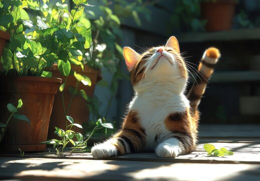Playful Calico Cat Relaxing in Sunlight Surrounded by Lush Green Plants in a Cozy Garden Setting