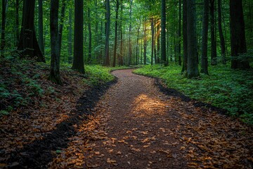 Obraz premium Sunlit Forest Path Winding Through Lush Green Trees