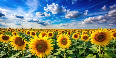 A vast field of bright yellow sunflowers stretching towards the sky under a clear blue canvas with only a few wispy clouds scattered about, summer, sunflowers