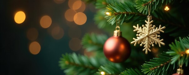 Delicate gold snowflake ornaments adorn a Christmas tree branch, gold snowflakes, delicate