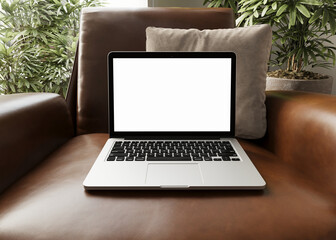 Fototapeta premium laptop copy space mock up with blank screen on living room, wood styled interior design aesthetic for blog, web, social media template