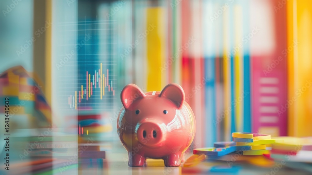 Aufkleber creative double exposure blending a piggy bank with financial growth elements in a vibrant office se