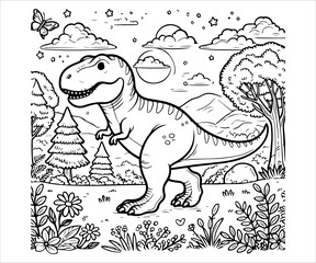 Dinosaur in the forest. Vector illustration. Coloring book for children.