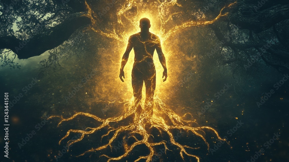 Aufkleber Man glowing with ethereal light emerges from roots in a mystical forest environment at twilight