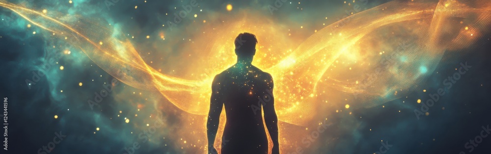 Aufkleber man glowing with cosmic energy in an ethereal space environment surrounded by vibrant lights and par
