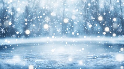 Fototapeta premium Snowy winter landscape; frozen pond, falling snow, blurred trees; winter background