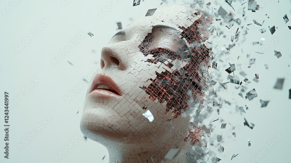 Aufkleber White and red square data fragments are exploding from a woman's head, creating a visual metaphor for information overload, burnout, stress, migraine, dementia, thoughts, and thinking