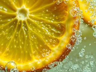 A close-up view of a lemon slice with bubbles, perfect for freshness and beverage concepts. Generative AI