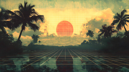 vaporwave landscape featuring a floating grid floor, palm trees, and a rising sun with a pixelated glow 