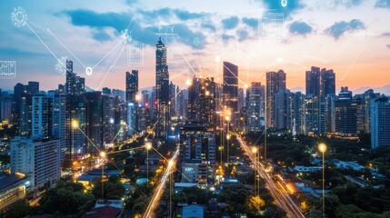 Obraz premium City skyline showcasing commercial properties with digital connections at sunset in an urban landscape