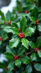 Obraz premium Foliage of bright green holly bush against snowy white background, nature, greenery