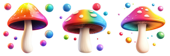 Colorful mushrooms with glowing caps and bubbles create whimsical scene