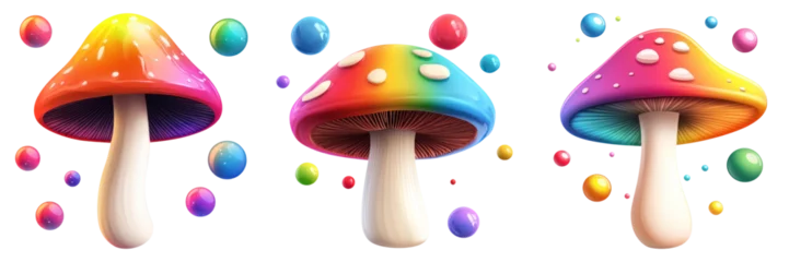 Fotobehang Regenboog Colorful mushrooms with glowing caps and bubbles create whimsical scene  © LOMOSONIC