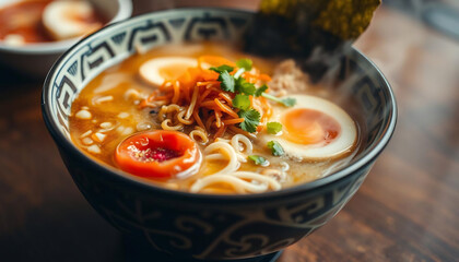 Close-Up of a Steaming Bowl of Ramen with Toppings