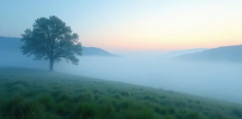 Fototapeta premium Soft whisper of sky blue fog lifts on a serene landscape, morning, peaceful