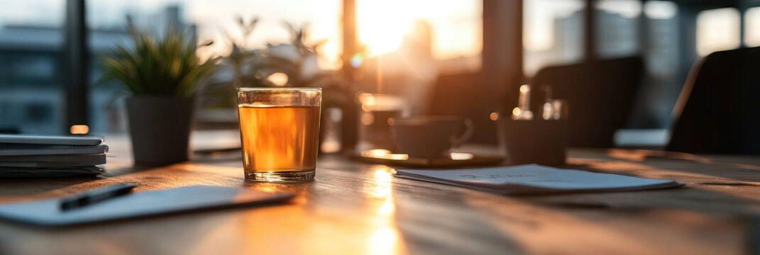 Office Desk with Tea, Papers, and Sunset View