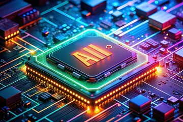 Glowing Futuristic AI Chip on Circuit Board - High-Tech Artificial Intelligence Concept