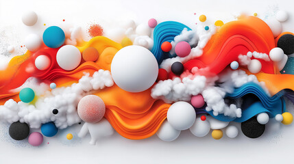 Dynamic abstract composition featuring colorful shapes and flowing patterns in vibrant hues