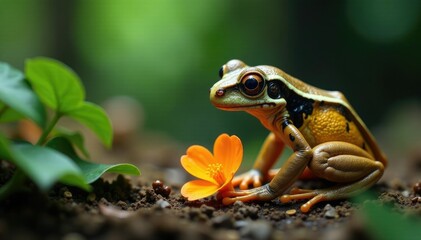 Naklejka premium Lemur frog sniffs at a flower on the jungle floor, rainforest, blossom, plant